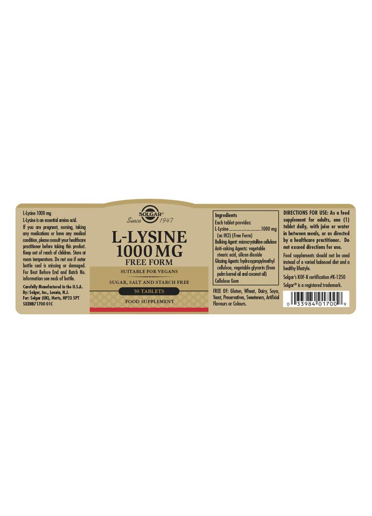 solgar-l-lisina-1000-mg-forma-libre-50-comprimidos-amino-cido-esencial image 2
