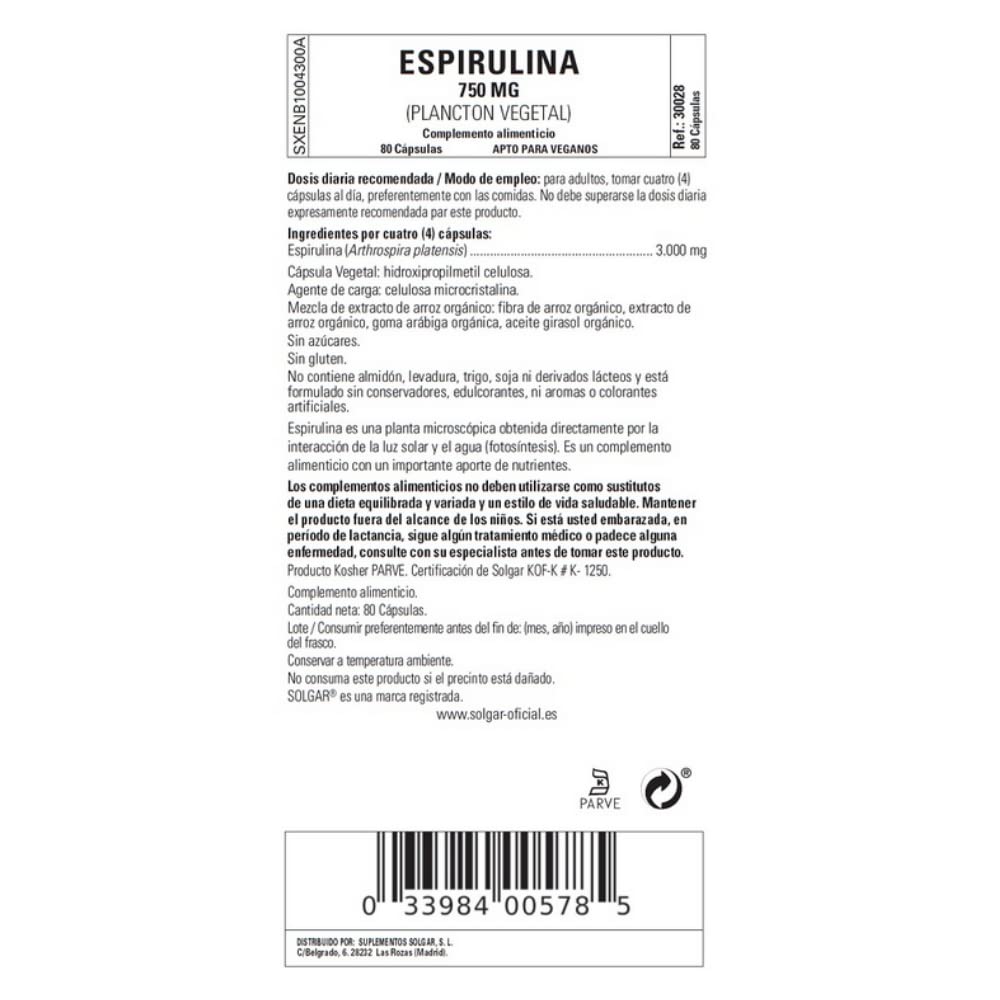 solgar-espirulina-vegetariana-750-mg-80-comprimidos-apto-para-veganos image 3